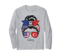 Turkish Girl Turkey Roots, American US Flag Messy Bun Hair Long Sleeve T-Shirt