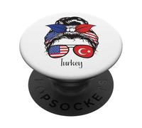 Turkish Girl Turkey Roots, American US Flag Messy Bun Hair PopSockets Adhesive PopGrip