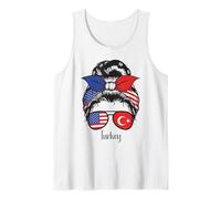 Turkish Girl Turkey Roots, American US Flag Messy Bun Hair Tank Top