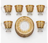 Turkish Kahwa Set of 6 Arabic Coffee/Tea Glass Cups & Saucers | Elegant Gold Floral Detailing Crystal-Clear Decorative Glass Ornate Footed Cup Design Comfortable Decorative Handles