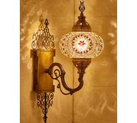 Turkish Moroccan Mosaic Plug-in Lamp with Handmade Tiffany-Style Glass Globe, Ornate Brass Base, 5.2-ft Cord, Brown & Amber