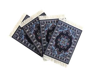 Turkish Rug Coasters Set of 4 - Navy Blue Carpet-Style Drink mats with Fringe, Non-Slip Backing, Decorative Home Accent | Dining Accessory