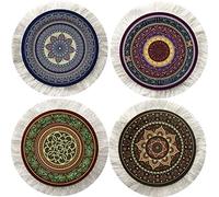 Turkish Rug Coasters Set of 4 - Round Carpet-Style Drink mats with Fringe, Non-Slip Backing, Decorative Home Accent | Dining Accessory