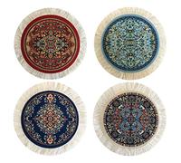 Turkish Rug Coasters Set of 4 - Round Carpet-Style Drink mats with Fringe, Non-Slip Backing, Decorative Home Accent | Dining Accessory