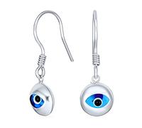 Turkish Spiritual Protection Amulet 3D Blue Nazar Evil Eye Round Circle Dangle Earrings For Women Teen Murano Glass .925 Sterling Silver Fish Hook