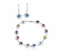 Turkish Spiritual Protection Multicolor Evil Eye Amulet Charm Bracelet & Blue Nazar Murano Glass Dangle Earrings Jewelry Set for Women Teens .925 Sterling Silver