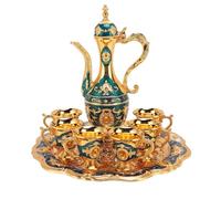 Turkish Tea Set, Tea Set with Gold Trim, Vintage Coffee Flask Set with 6 Cups, European Flask Set, Zinc Alloy, Polished, Oro Azul