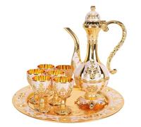 Turkish Tea Set, Vintage Luxury Turkish Coffee Pot Vintage Metal Russian Wine Pot Set with 6 Turkish Cups and Tea Tray for Wine Cabinets Bar Counters Wedding Decor (Gold White)