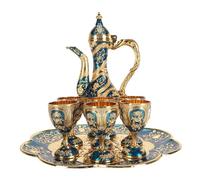 Turkish Tea Set, Vintage Zinc Alloy Tea Set for Coffee Lovers with Teapot Tray 6 Cups Decorative Gift Use Gold Blue for Home Office Party Wedding Decor