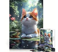 Turkish Van Cat And Frog on Lily Pad Animal Puzzles for Teenagers 1000 Pieces Cognitive Workout Mind Calming Fun No Rough Edges Ideal Xmas Gift (38x26cm)