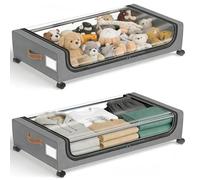 Turmegtt 2 Pack Under Bed Storage Box with Lid and Wheels, 48L Flat Underbed Fabric Storage Box Steel Frame with Zip, Under Bed Drawers Organiser for Clothes, Blankets, Shoes (Grey)