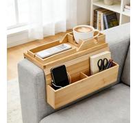Turmegtt Bamboo Sofa Arm Tray, Foldable Tray with Cup Holder/Phone Holder/Storage Compartments, Slip Foldable Sofa Detachable Couch Arm Table Perfect for Coffee, Drinks, Phone, Remote, Snacks, Books