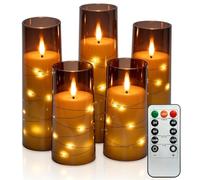 Turmegtt Grey Flameless Candles with Fairy Lights, Set of 5, D2 xH5-8 | Shatter-resistant grey acrylic, silent 3D flame & fairy lights, remote timer, dimmable, perfect for weddings & home