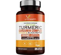 Turmeric Capsules High Strength 1860mg with Black Pepper, Ginger, Vitamin C & D for Immune System & Joints Plus K2 Mk7-120 Vegan Capsules Premium Turmeric Curcumin - Made in The UK by YrHealth
