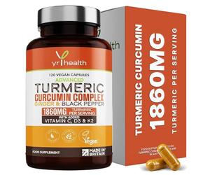 Turmeric Capsules High Strength 1860mg with Black Pepper, Ginger, Vitamin C & D for Immune System & Joints Plus K2 Mk7-120 Vegan Capsules Premium Turmeric Curcumin - Made in The UK by YrHealth