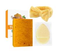 Turmeric Soap Face Wash Set - Soap Bar with Face Cleaning Puff & Face Wash Strap - Deeply Gentle Cleaning - Tumeric Soap for Acne, Dark Spots, Smooth Skin (3pcs)