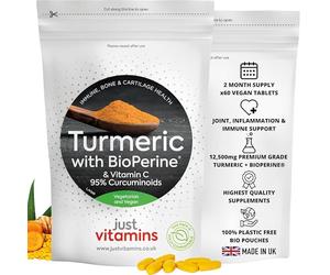 Turmeric Tablets | 12,500mg + Black Pepper BioPerine®, 475mg Curcuminoids & Vitamin C | 60 Vegan Tablets | Joint, Inflammation & Immune Support | UK Made - Just Vitamins