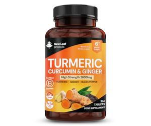 Turmeric Tablets 2600mg High Strength with Black Pepper & Ginger (6 Months Supply) Active 95% Turmeric Curcumin Supplements 365 Tablets Not Capsules, Vegan, UK Made by New Leaf