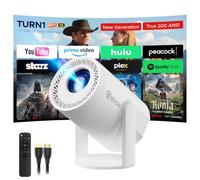 Turn 1 Projector 2026 | Supports 1080P With Android 14.0 | 200 ANSI Lumen Smart Projector, Native 720P Portable Mini Projector For Bedroom | Screen Mirroring for iOS/Android | Gaming & HDMI Compatible
