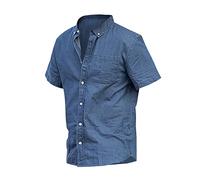 Turn Down Collar Shirt for Men Men's Casual Solid Color Shirt Denim Splicing Shirt Men's Short Sleeve Casual Loose T Shirt Buckle Short Sleeve Shirt Top Business Regular Button Up Shirts (Blue, XL)