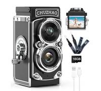 TURN RAISE CHUZHAO Mini Retro Digital Camera, TLR Style Point and Shoot Compact Cam, Small Pocket 1080P FHD Video Recording Camera, 12MP Autofocus Vlogging Camera with 16 GB Card for Boys Girls Black