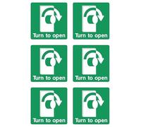 Turn right to open door handle safety sign - Pack of 6 100mm x 100mm Self adhesive stickers - Self adhesive stickers on sheet (300mm x 200mm)