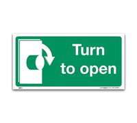 Turn To Open Clockwise Sign, 1mm Rigid Plastic 100x50mm, British Standard Fire Safety Door Signs