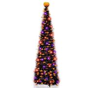 TURNMEON 5Ft Black Tinsel Halloween Tree with 50LED Orange Purple Lights Timer 8 Modes Pumpkin Ornament Pop Up Artificial Pencil Tree Halloween Decorations Home Party Indoor Outdoor