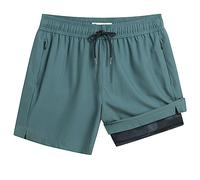 Turnshine Mens Swim Trunks with Compression Liner 5" Stretch Beach Shorts Quick Dry Bathing Suit Board Shorts Zipper Pockets, Green Camo, M