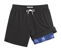 Turnshine Mens Swim Trunks with Compression Liner 5" Stretch Beach Shorts Quick Dry Bathing Suit Board Shorts Zipper Pockets, Black Navy, X-Large