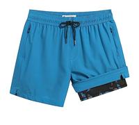 Turnshine Mens Swim Trunks with Compression Liner 5" Stretch Beach Shorts Quick Dry Bathing Suit Board Shorts Zipper Pockets, Blue Black, XXL