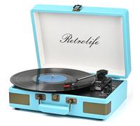 Turntable 3 Speeds Bluetooth Portable Suitcase Vinyl Player with Built-in Speakers Turntable Improved Audio Sound PU Leather Vintage Blue
