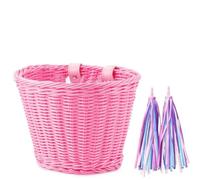 Turodeuo 1Set Rattan Wicker Bicycle Front Basket+Bell+Tassel+Stickers Adjustable Handwoven Adult Bike Handlebar Accessories Pink