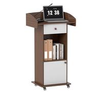 Turosur Podium Stand with Drawer, Hidden Cable Hole & Adjustable Shelf | Portable Lectern Stand with Storage Cabinet & Lockable Wheels, Reception Desk for Office, School, Church, Walnut +White