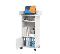 Turosur Portable Lectern＆Podium -Standing Laptop Desk-Wooden Podium Stand with Cabinet -Speaking Reading Table with Castors-Portable Desk with Storage Shelf-Reception Desk for Conferance-White