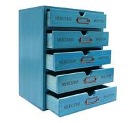 Turquoise 5 Drawer Wooden Desk Organizer, Wooden Storage Box Desktop Storage, Countertop Drawers Library Card Catalog Cabinet Apothecary Cabinet, Vintage Wood Home Office Desk Organizer (Blue)