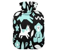 Turquoise Animal Bunny Monkey Black hot-Water Bottle with Soft Cover, 1L Warm Water Bottle for Bed for Neck Shoulder Warmer,Neck Shoulder Warmer,Bolsa de agua Caliente para el Dolor