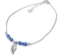 Turquoise Bead Anklet, Slim Stainless Steel Chain, 4mm Stone Beads, Feather Charm, Adjustable Size : 10-12 inches long, Beach Boho Ankle Jewellery