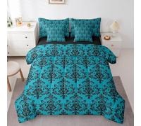Turquoise Black Damask Kids 7 Pieces Comforter Set Queen Size,Vintage Gothic Lace Floral Print Reversible Quilt Set,Antique Victorian Baroque Boho Bedding Set with Comforter,Sheet,Pillowcase