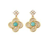 Turquoise Blossom Drop Earrings, Gold Plated Four Leaf Clover Cubic Zirconia Dangle Earrings, Peace Symbol Bohemian Turquoise Jewelry Gift for Women