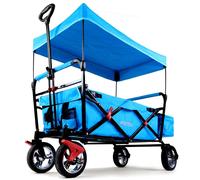 FUXTEC Folding Wagon for Kids to Sit In - Hand Cart, Garden Trolley, Stroller, Outdoor Transport, Asphalt & Hard Ground, Hiking Trails, Removable Canopy, Rear Bag, 4 Wheels, Cover - CT500 Blue