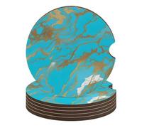 Turquoise Blue Gold Car Coasters, 6PCS Non-Slip Car Cup Holder Coasters with Cork Base, Heat Resistant & Waterproof Drink Coaster for Women Men