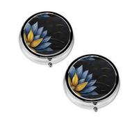 Turquoise Blue Gold Flowers Round Pill Box Compact 3 Compartment Metal Pill Organizer with Print Design, Portable Travel Medication Case for Daily