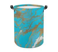 Turquoise Blue Gold Laundry Basket with Handles, Large Capacity Water Proof Laundry Hamper, Lightweight & Foldable Storage Basket for Home, Bedroom, Dorm, 44x35cm