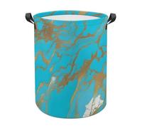 Turquoise Blue Gold Laundry Basket with Handles, Large Capacity Water Proof Laundry Hamper, Lightweight & Foldable Storage Basket for Home, Bedroom, Dorm, 44x44cm
