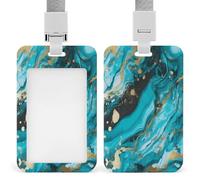 Turquoise Blue Gold Marble Badge Holders with Push-Pull Slot&Lanyard Waterproof Plastic Vertical Work ID Card Holder Portable Travel Document Protector Detachable Card Protector