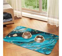 Turquoise Blue Gold Marble Dog Food Mats for Floors, 12x18 Inch Non-Slip Super Absorbent Pet Food Mat, Dishwasher Dog Mat for Food and Water, Cute Rubber Quick Dry Pet Feeding Mat for Dogs Puppy Cats