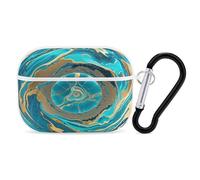 Turquoise Blue Gold Marble Earbuds Organizer Shockproof Protective Airpods Pro Cover with Carabiner Clip Anti Fall Carrying Earphone Case Cover for Airpods Pro 2nd Generation White
