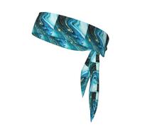 Turquoise Blue Gold Marble Print Head Tie Headbands, Ninja Karate Tie, Athletic Sweatbands,Sweat Wicking Workout Head Band