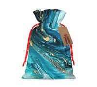 Turquoise Blue Gold Marble Print Holiday Burlap Gift Bag With Drawstring, Small Party Favor Pouches For Christmas Gifting-S Size